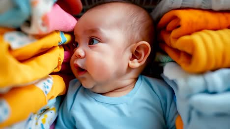 a baby sitting in front of a pile of blankets