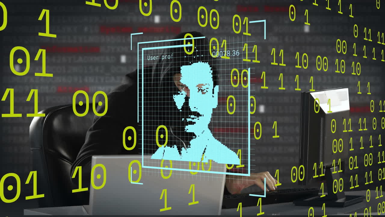 animación de procesamiento de datos e iconos sobre hacker masculino caucásico