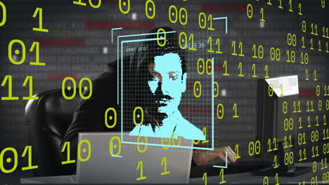 animación de procesamiento de datos e iconos sobre hacker masculino caucásico