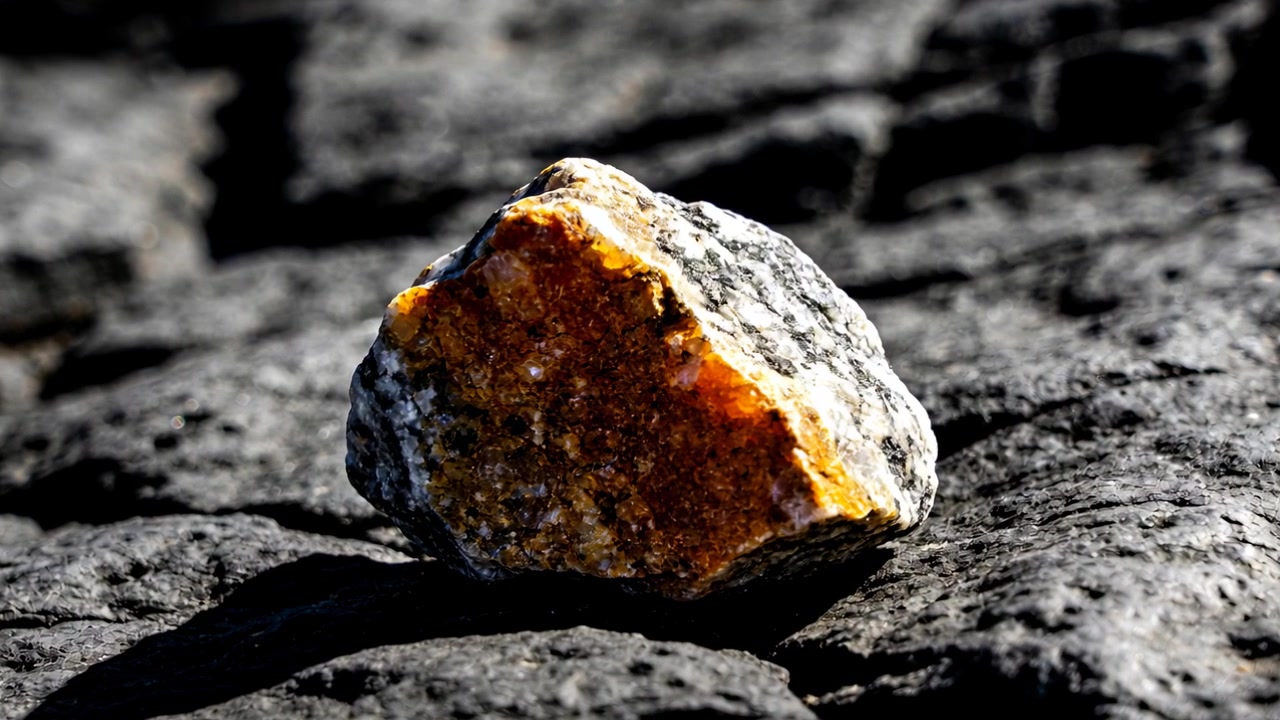 Pulling camera closer toward angular rock with orange face on rock outcrop revealing texture