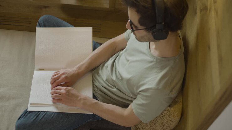 Top view of caucasian young man with headphones touching a book
