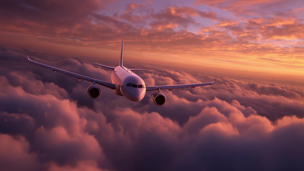 Un impresionante atardecer: Un avión se eleva a través de nubes vibrantes en el tranquilo cielo del amanecer, mostrando la belleza del vuelo sobre el mundo