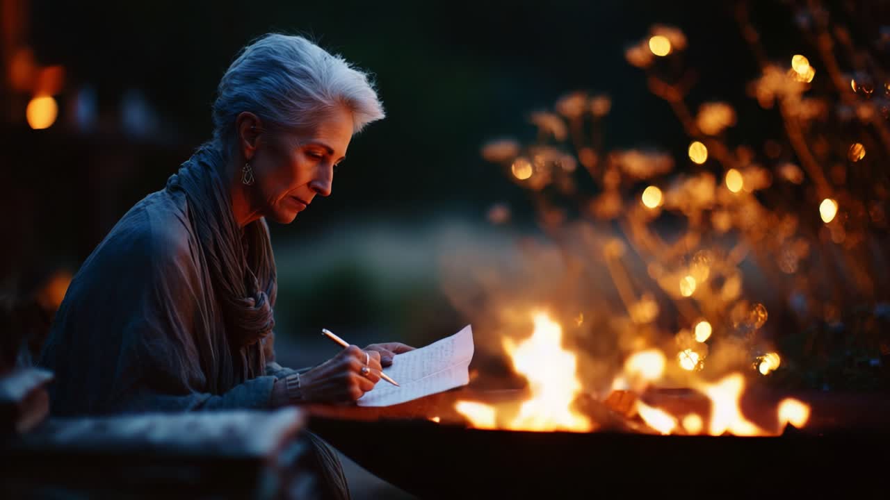 Serata riflessiva: un momento sereno con una donna matura intenta a scrivere alla luce tremolante di un fuoco accogliente, circondata da fiori delicatamente luminosi e atmosfera