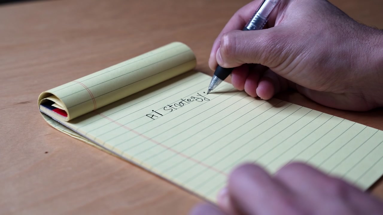 Close-up of a person's hand using a black pen to write AI Strategy on a yellow legal notepad. The handwritten tech business planning notes sit on a wooden desk inside a modern office workspace.