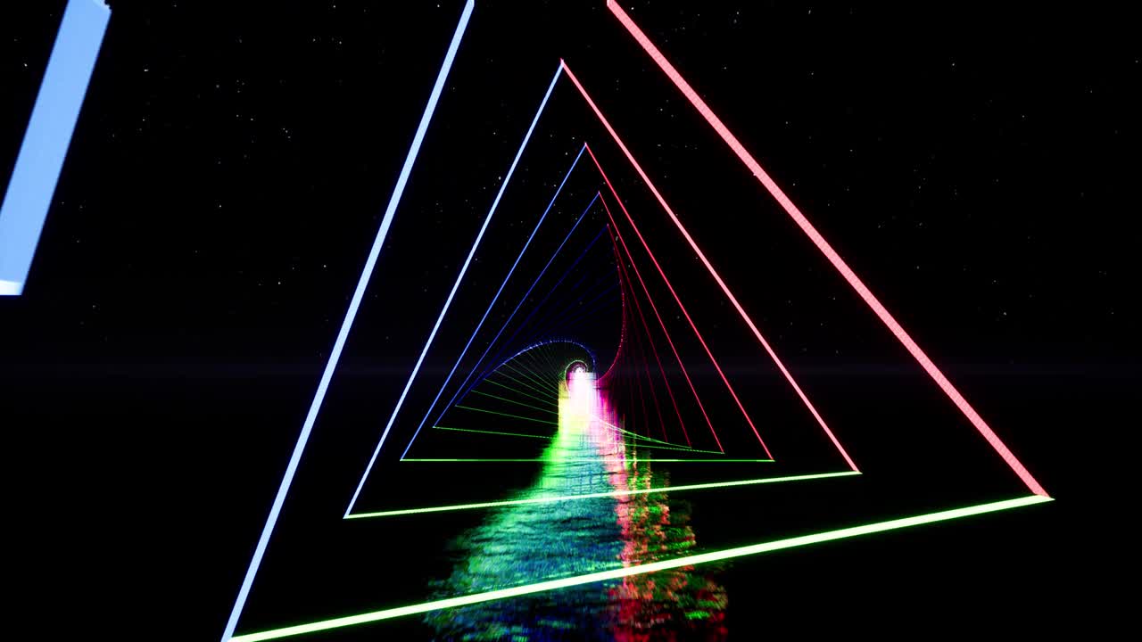 다채로운 네온 삼각형 터널, 무지개 색의 빛선, 움직이는 영상, 밝은 추상적인 사이키델릭 3d 애니메이션, 보라색 스트럼을 날아다니는 기하학적 모양의 아치, 미래의 공간에서 움직이는
