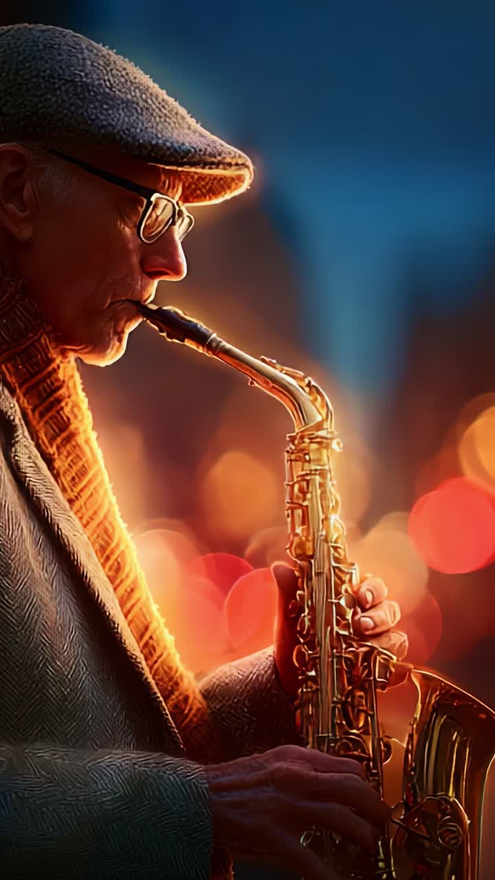 An elderly man passionately playing the saxophone, capturing the essence of jazz music with a beautiful bokeh background of vibrant lights and warm colors