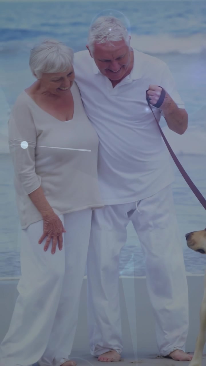 Video verticale: Coppia di anziani che cammina sulla sabbia per un viaggio, mentre un cane tira il guinzaglio e l'uomo appoggia un braccio per dare stabilità.