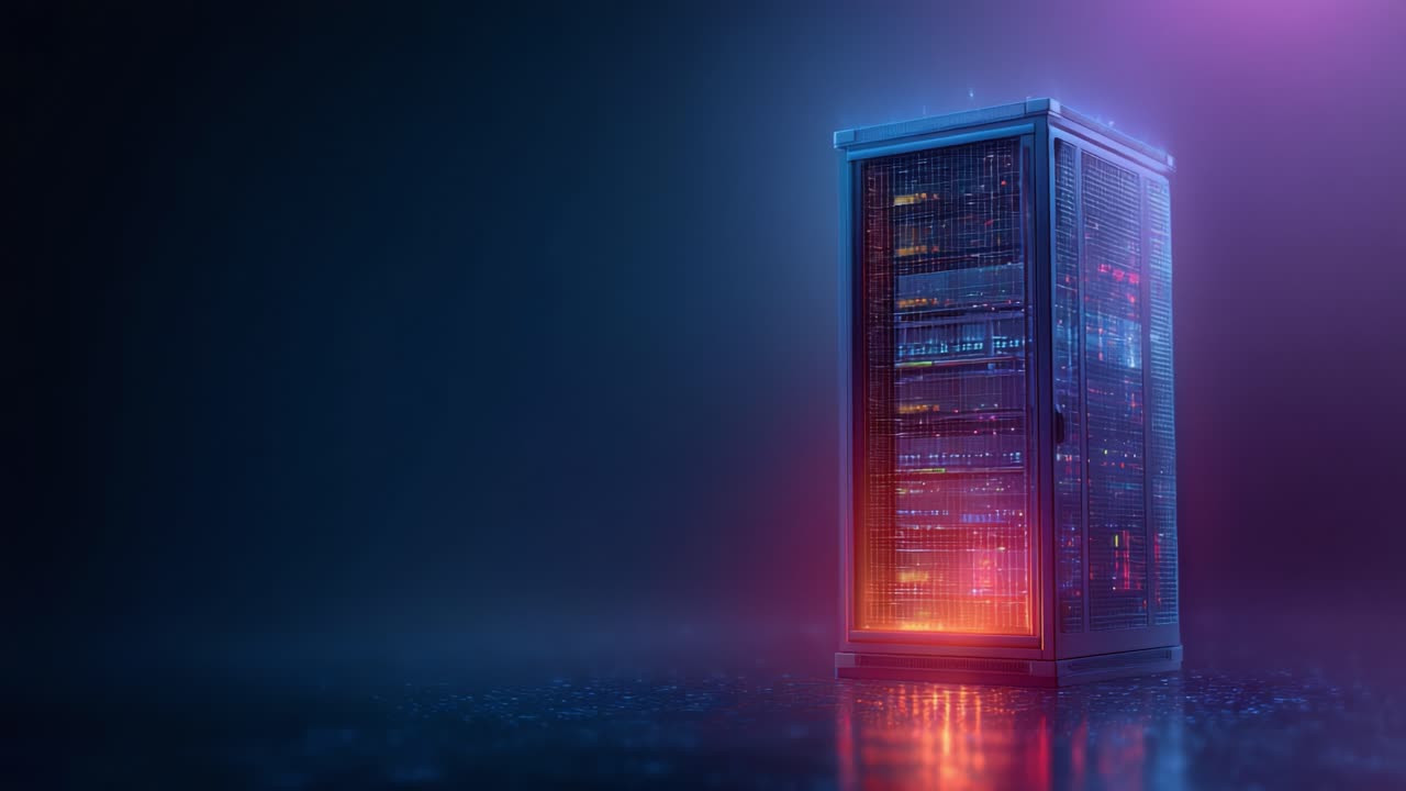 A Stunning Glimpse of a Modern Data Center Server Rack Illuminated by Colorful LED Lights, Showcasing the Future of Technology and Data Management