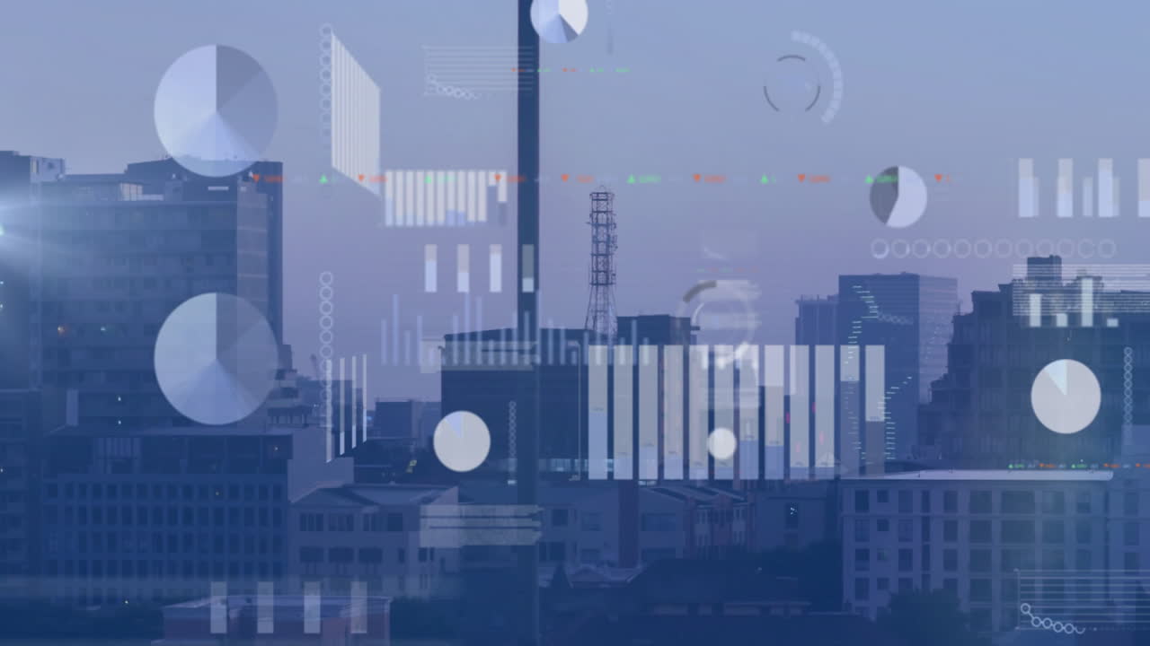 Urban skyline displaying analytics overlays over high-rise towers, with 3D HUD icons