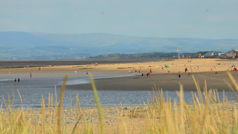 sunshine and cloud shadows racing across beach with people and foreground grass