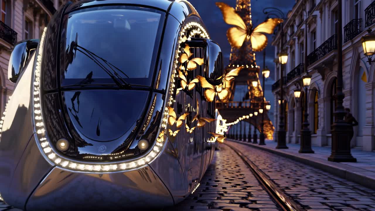 황금색 금속 나비들이 우아한 대중교통 차량 근처에 몰려들고, 황혼시간에 랜드마크 실루으로 조명된 도시 거리를 가로지르고 있습니다.