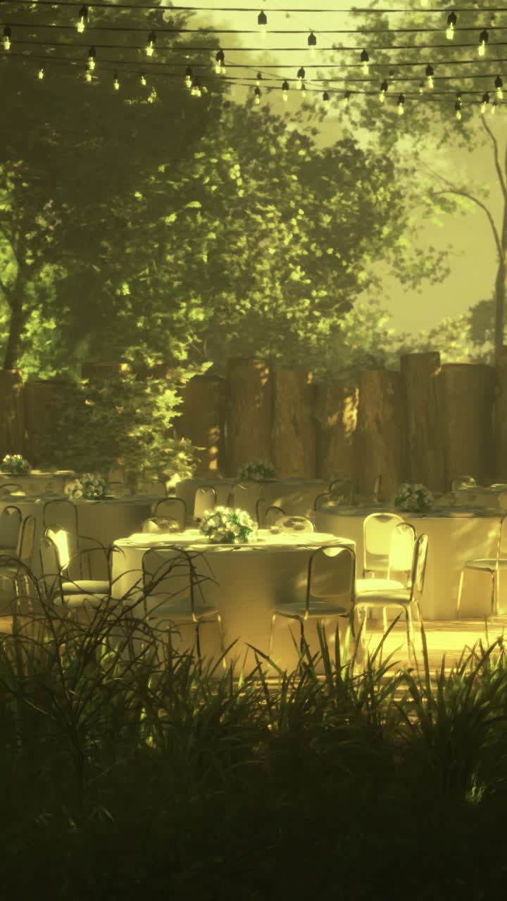 Event venue illuminated by soft lighting in a tranquil forest setting