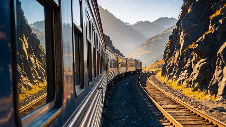 Right-hand curve guiding metallic train coaches moving along mountain railway, reflecting sunlight