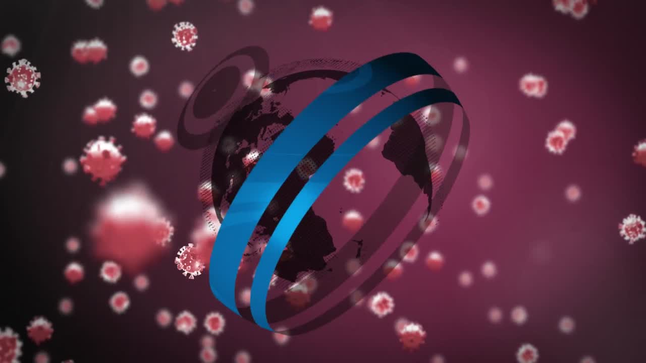 Animazione di un globo che gira su molteplici cellule di COVID-19 su sfondo viola.