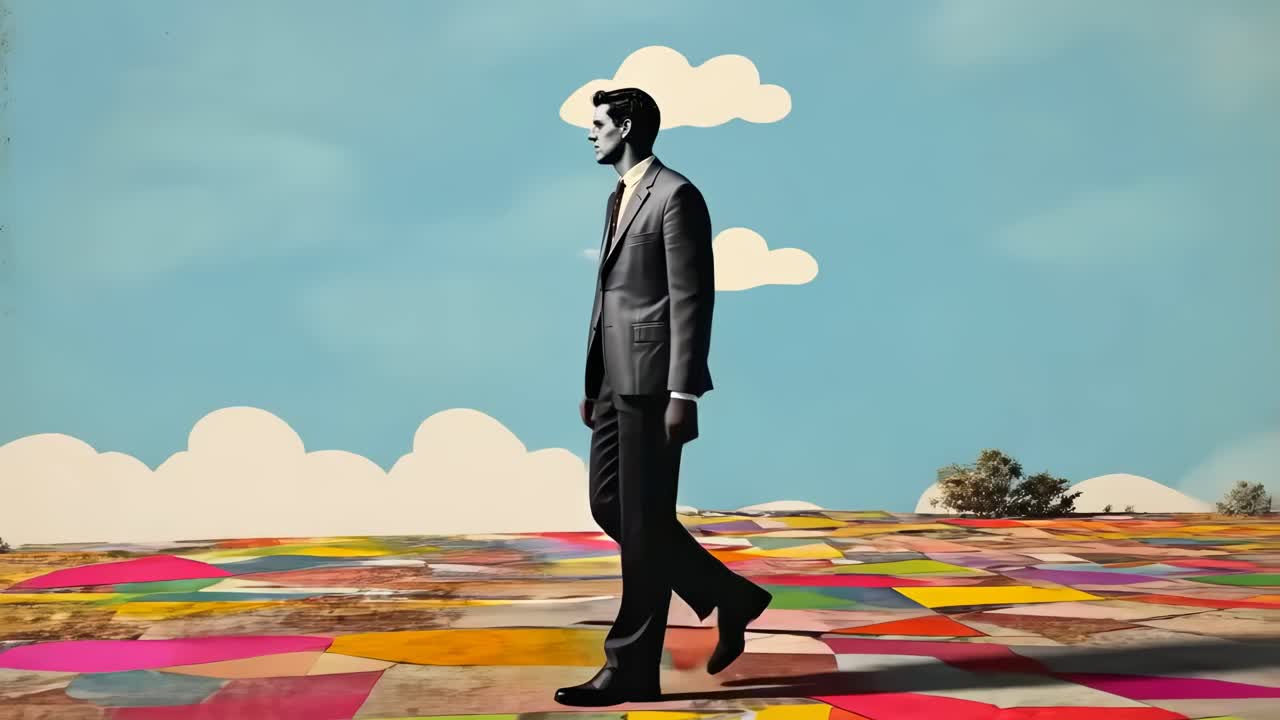 Surreal video concept with a side view of a man in a suit walking on a colorful, abstract landscape