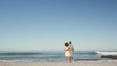 african american couple walking side by side at beach