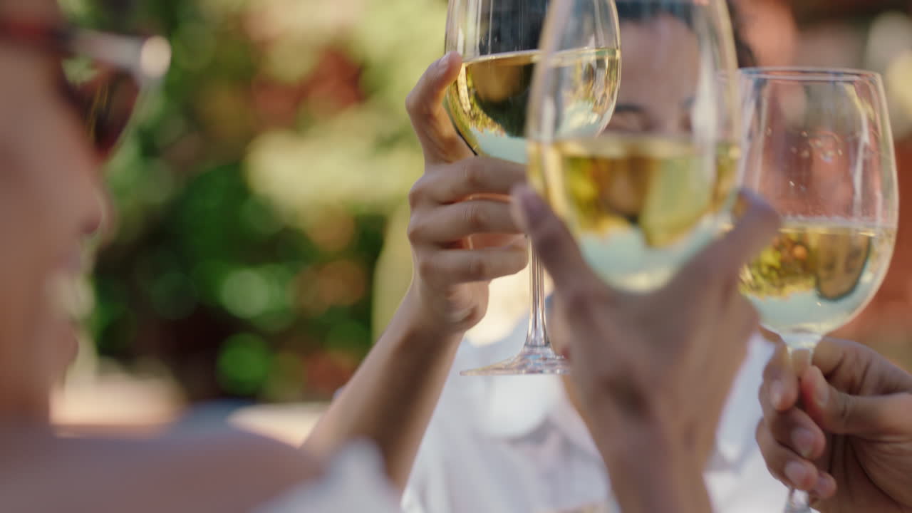 mujer feliz bebiendo vino haciendo brindis con amigos celebrando en vacaciones relajándose al aire libre en un día soleado 4k