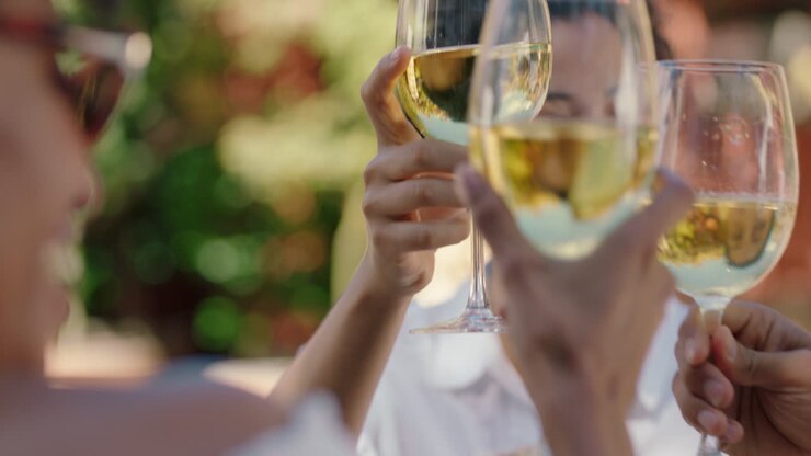 donna felice che beve vino che fa un brindisi con gli amici che festeggia in vacanza che si rilassa all'aperto in una giornata di sole 4k