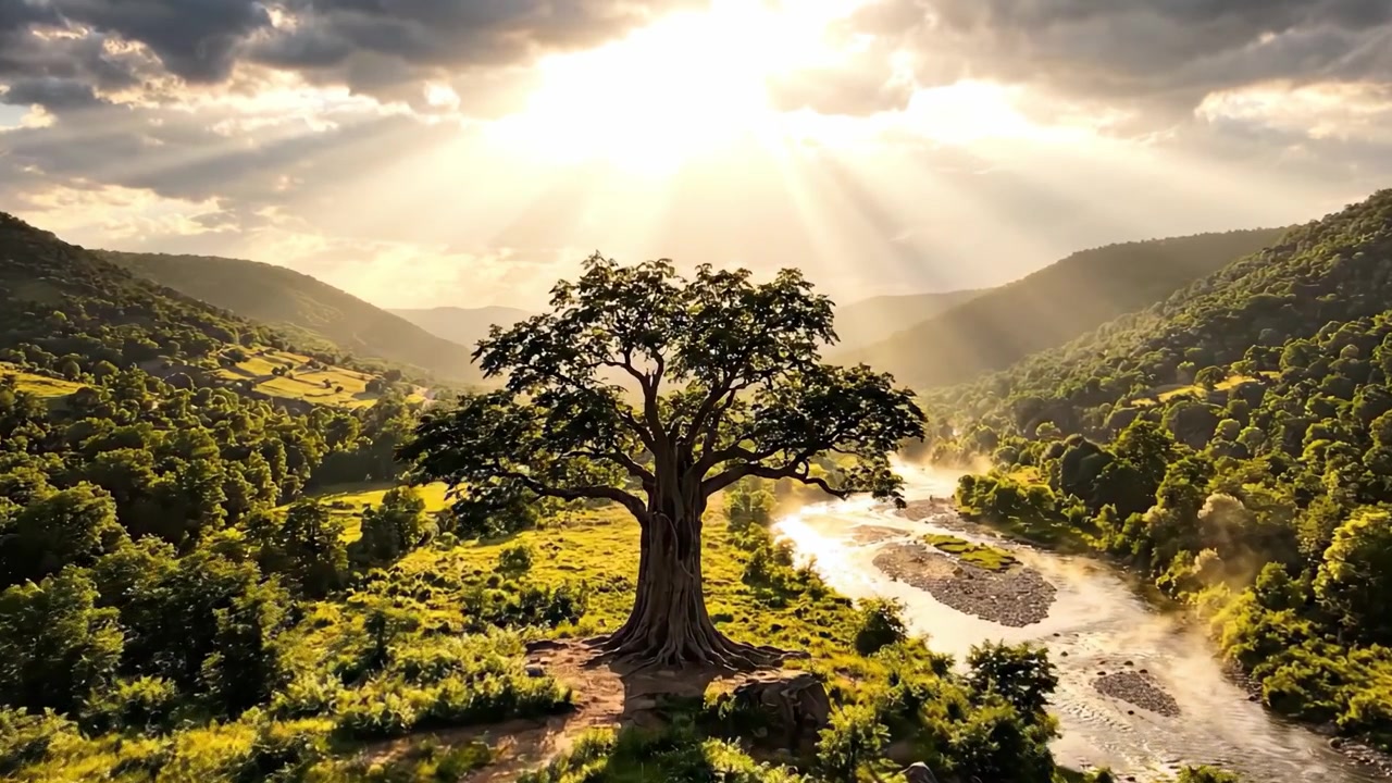 Árvore Majestosa Ergue-se Sobre uma Paisagem Cênica Enquanto a Luz do Sol Rompe as Nuvens, Iluminando o Rio Sereno e as Colinas Verdes Exuberantes em um Cenário Natural Deslumbrante.