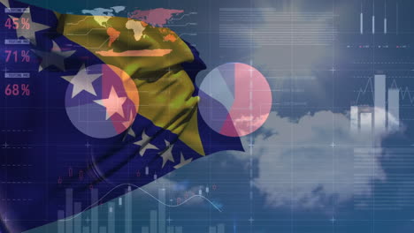 animation of data processing and flag of bosnia and herzegovina over clouds and sun