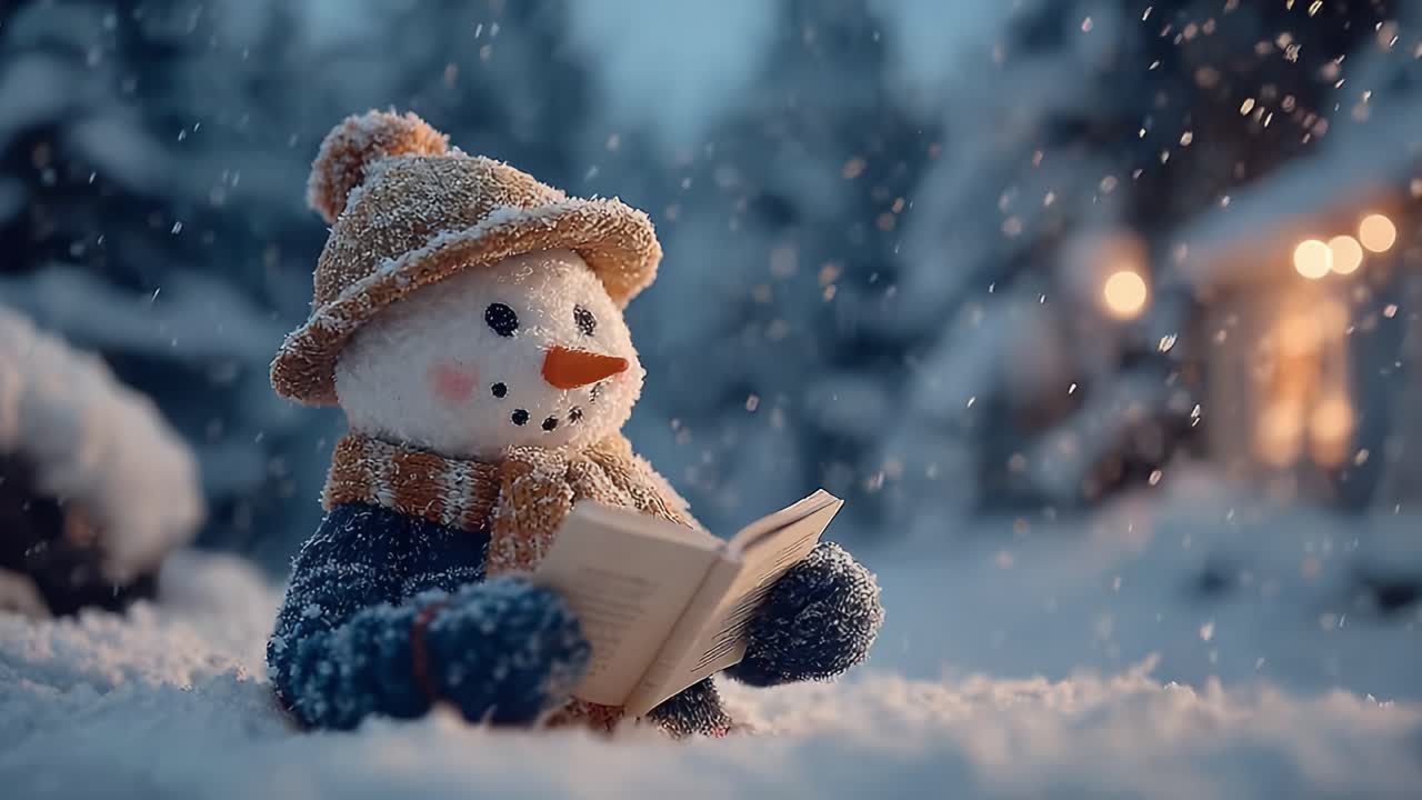 Charming Snowman Reading a Book in a Snowy Winter Wonderland, Surrounded by a Soft Blanket of Snow and Softly Glowing Lights in the Background