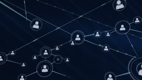 animation of network of profile icons over blue light trails against black background
