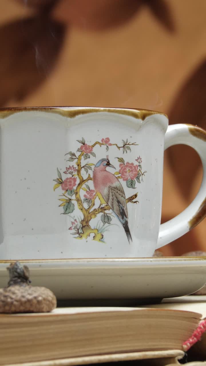 Close up of vintage ceramic cup with bird illustration rotating while steam rises in cozy autumn setting