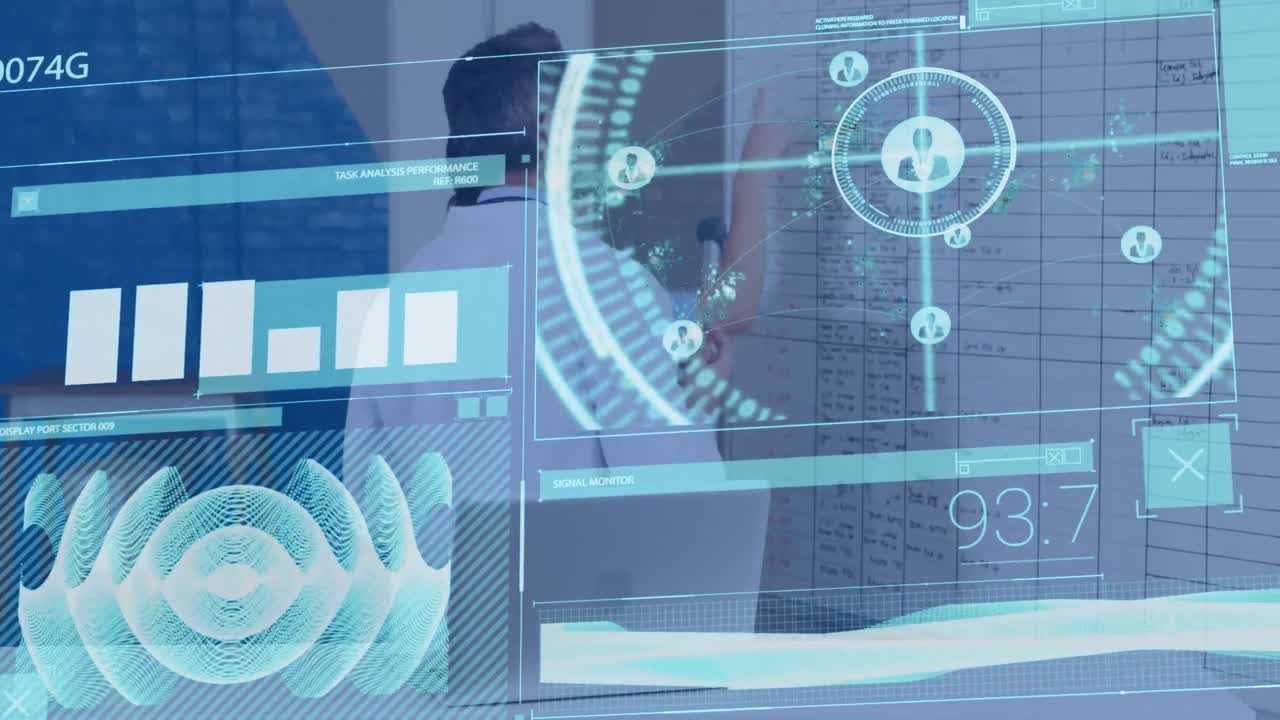 animación de escaneo de alcance y procesamiento de datos sobre una oficina vacía