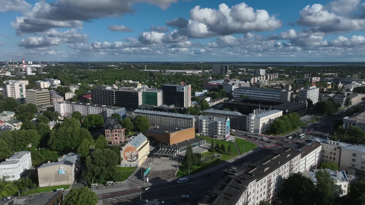 Panoramic pan left aerial view of Tallinn city center on a summer afternoon. Estonia