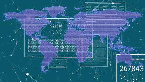 animación de la red de conexiones e interfaces con procesamiento de datos contra el mapa del mundo