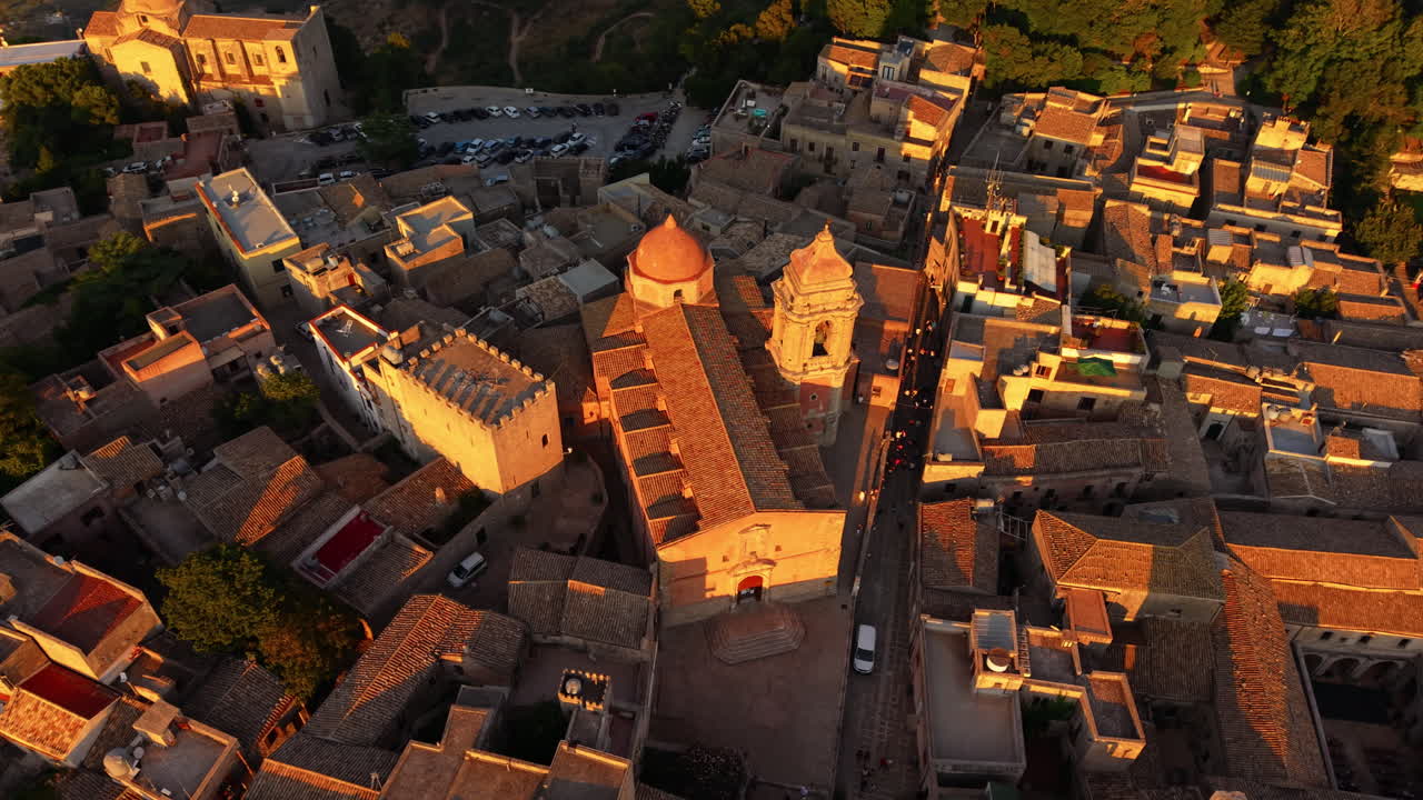 Catholic Church of San Giuliano At Erice Village During Sunset In Sicily, Italy. - aerial shot
