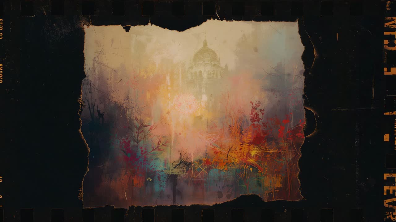 Revealing torn painted sheet clarifying during frames advancing in reel, sprockets and faint dome