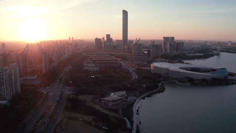 sunrise with cbd buildings. aerial in suzhou, china.