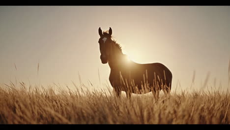 horses in a golden field at sunset