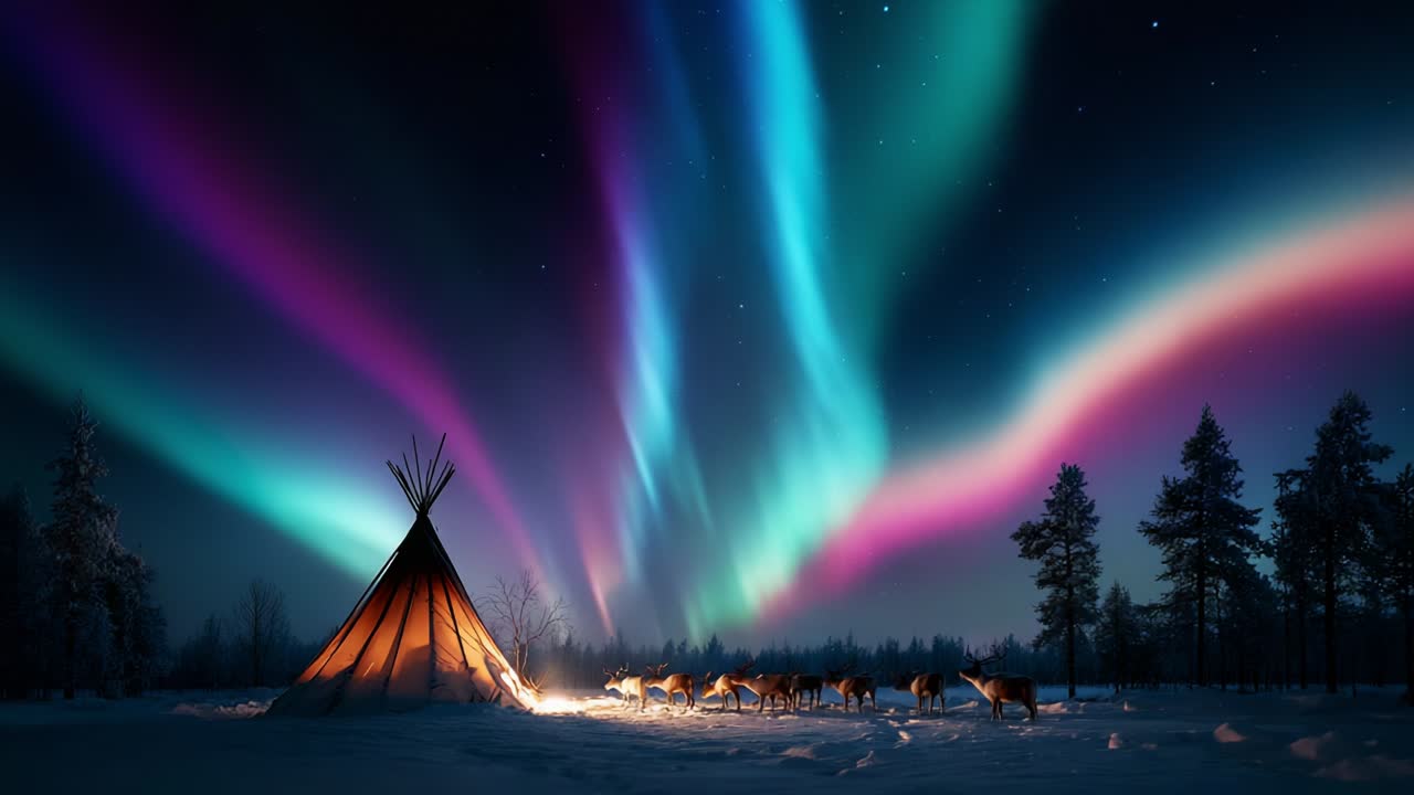 Stunning Aurora Borealis Illuminating a Serene Winter Landscape with a Traditional Tent and Grazing Reindeer under a Starry Sky at Night
