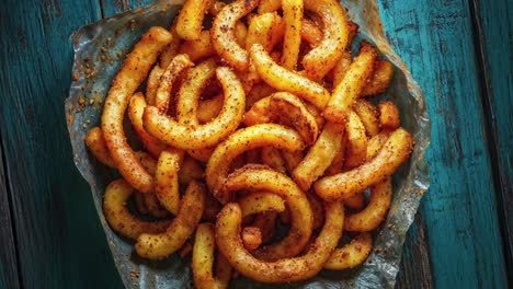 patatas fritas crujientes y rizadas en una mesa de madera azul