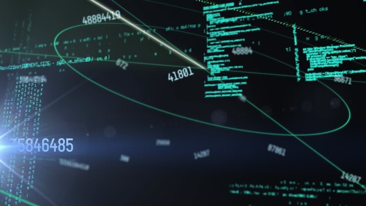 Animation of changing numbers, radar and computer language over black background