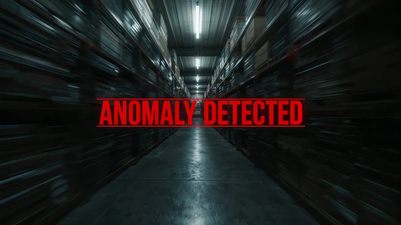 Appearing red centered alert signaling anomaly at start, staying fixed in storage aisle with racks