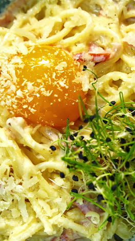 view of restaurant pasta. tasty appetizing classic italian spaghetti pasta. vertical video