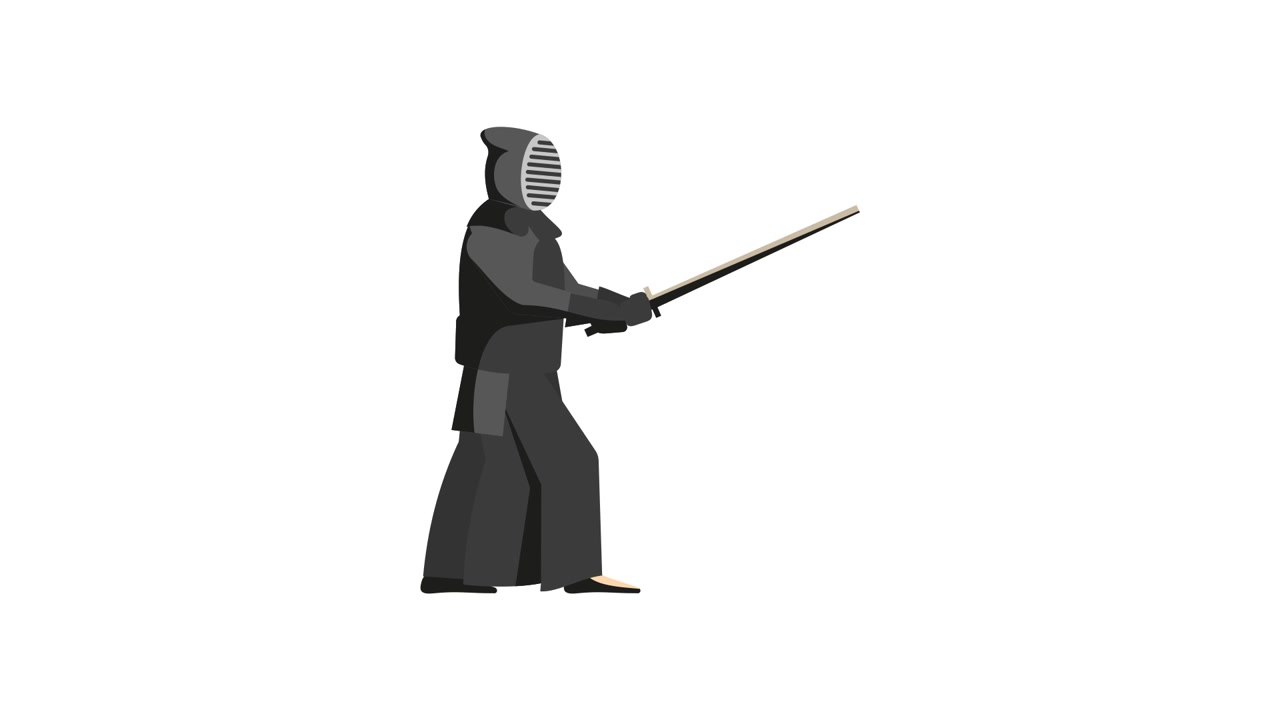 Artista Marziale Kendo Animato in Uniforme Completa che Tiene uno Shinai