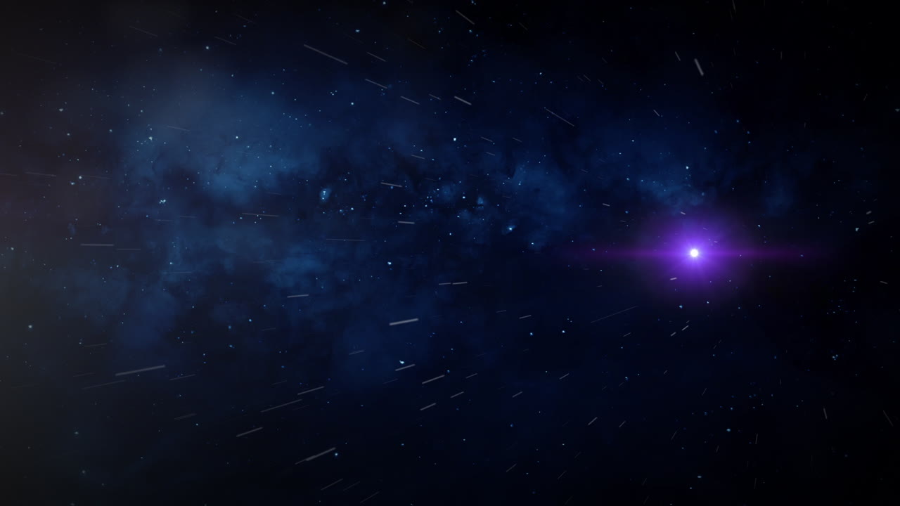 un orbe púrpura viaja a gran velocidad a través del espacio y luego pasa por la cámara