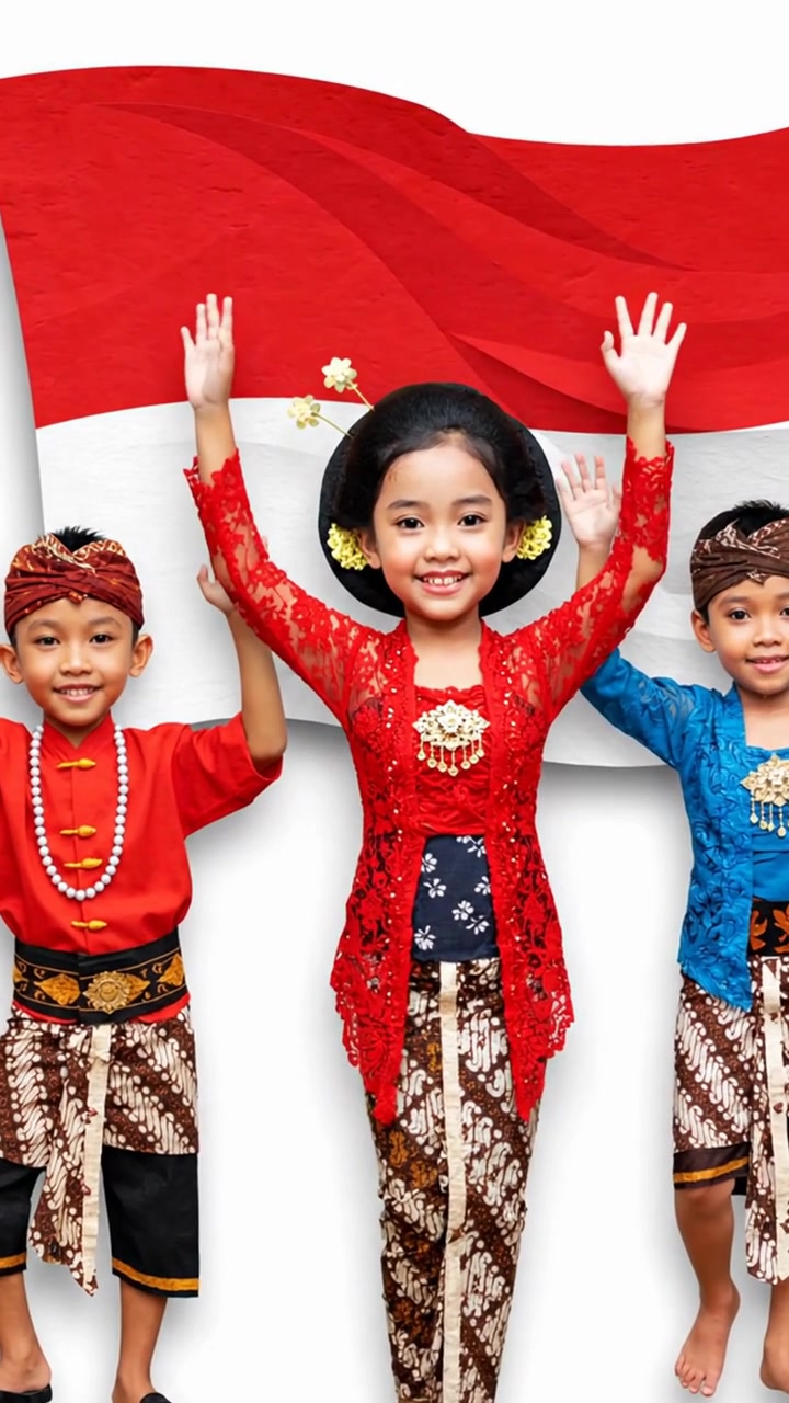 Indonesian children celebrating independence day waving flag