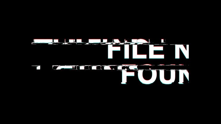File non trovato, testo con effetto glitch, distorsione TV digitale, animazione in loop 4K
