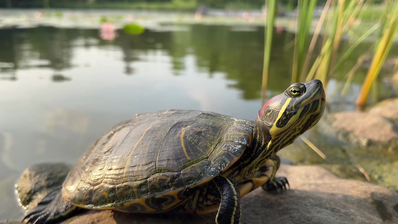 Red-Eared Slider Turtle Resting on a Rock by a Pond
