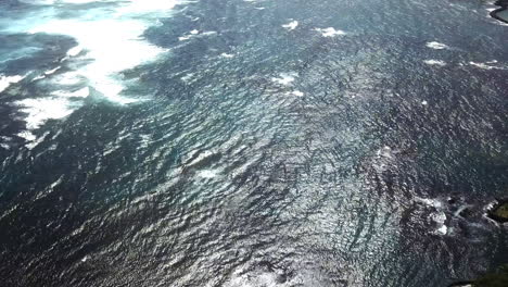 rising aerial of colorful wavy ocean in sunlight by coast of hawaii