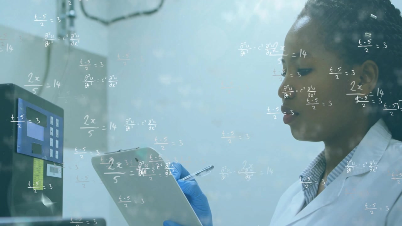 Lab tech reading digital display, writing clipboard notes, math overlay annotating data