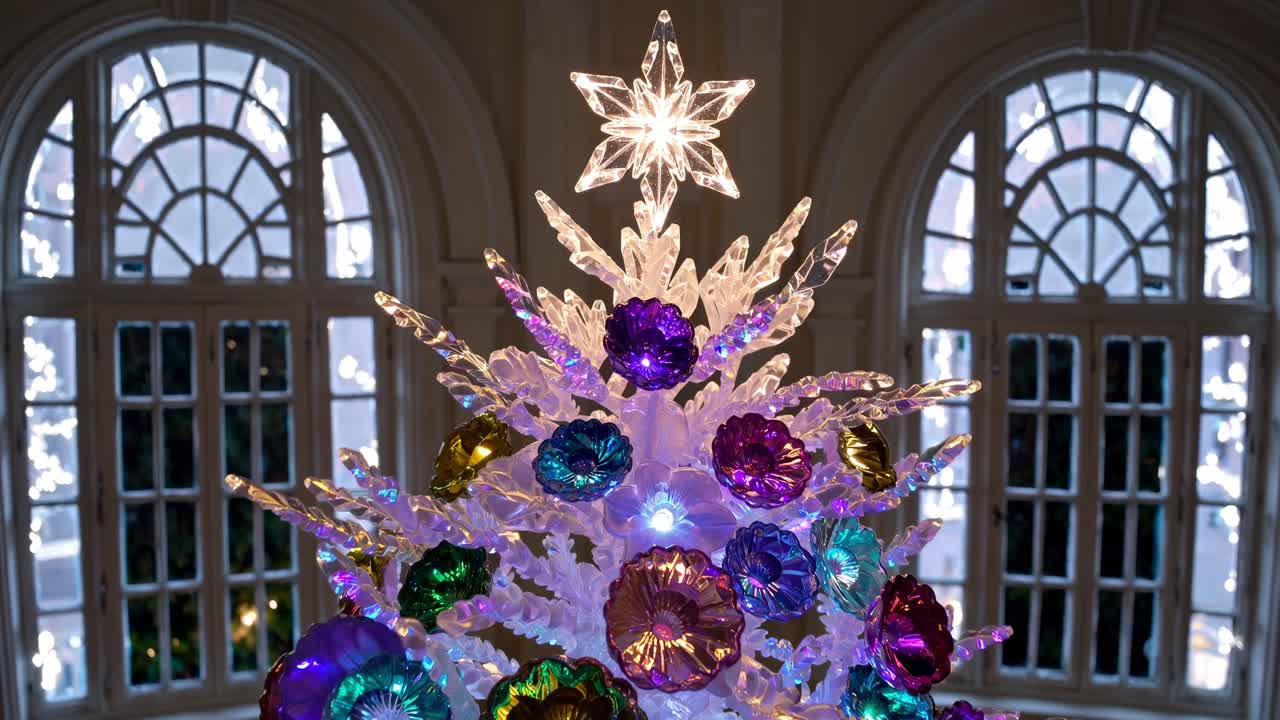 Festive white Christmas tree decorated with colorful baubles and sparkling crystal star, positioned in elegant traditional interior with expansive windows