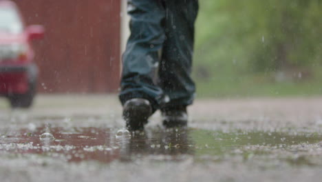 SLOW-MOTION,-A-childs-legs-walk-through-a-puddle-in-the-heavy-rain