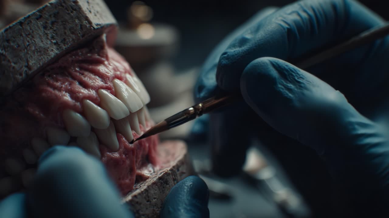 A Skilled Artist Carefully Paints Realistic Detail on a Dental Model, Capturing the Intricate Techniques of Prosthetic Creation and Restoration in Dentistry