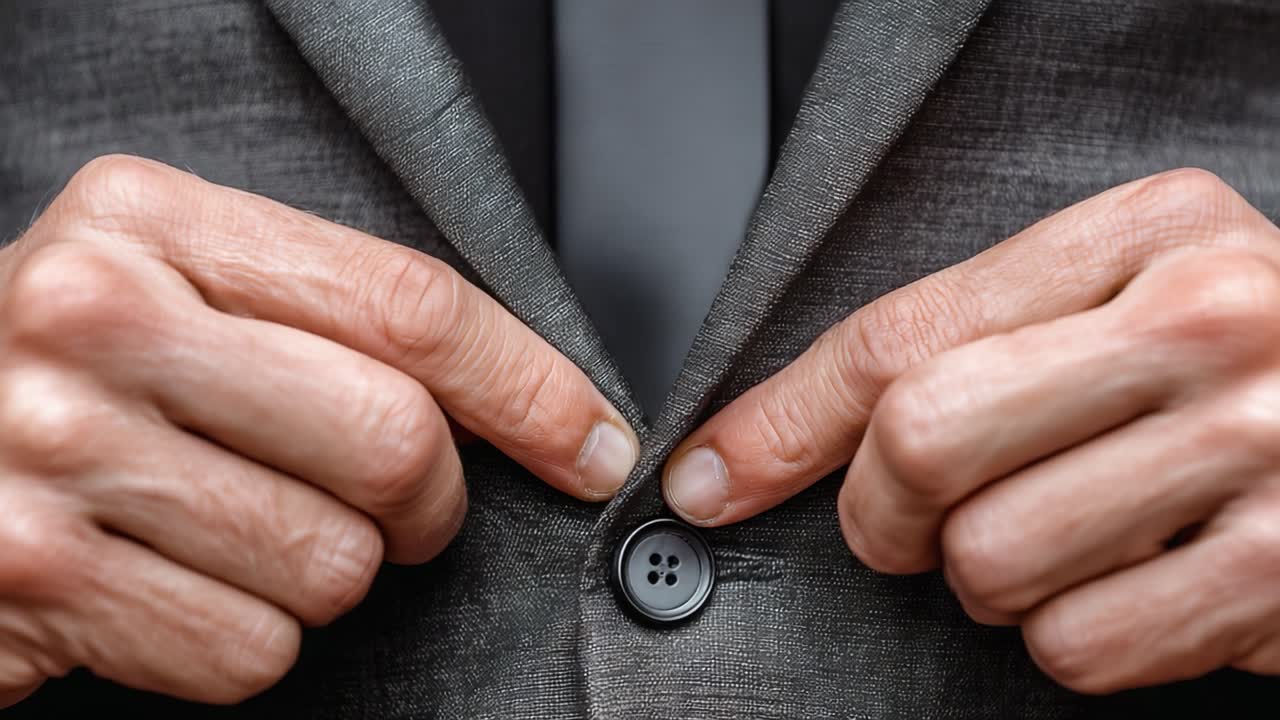 Potret Dekat Seseorang Mengancingkan Jaket Jasnya, Memamerkan Kain Halus dan Perhatian terhadap Detail dalam Busana Formal, Sempurna untuk Acara Bisnis atau Resmi